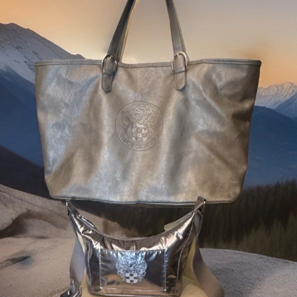 Vince Camuto Metallic Silver Travel Set: Puffer Sling Bag & Large Carryall Tote